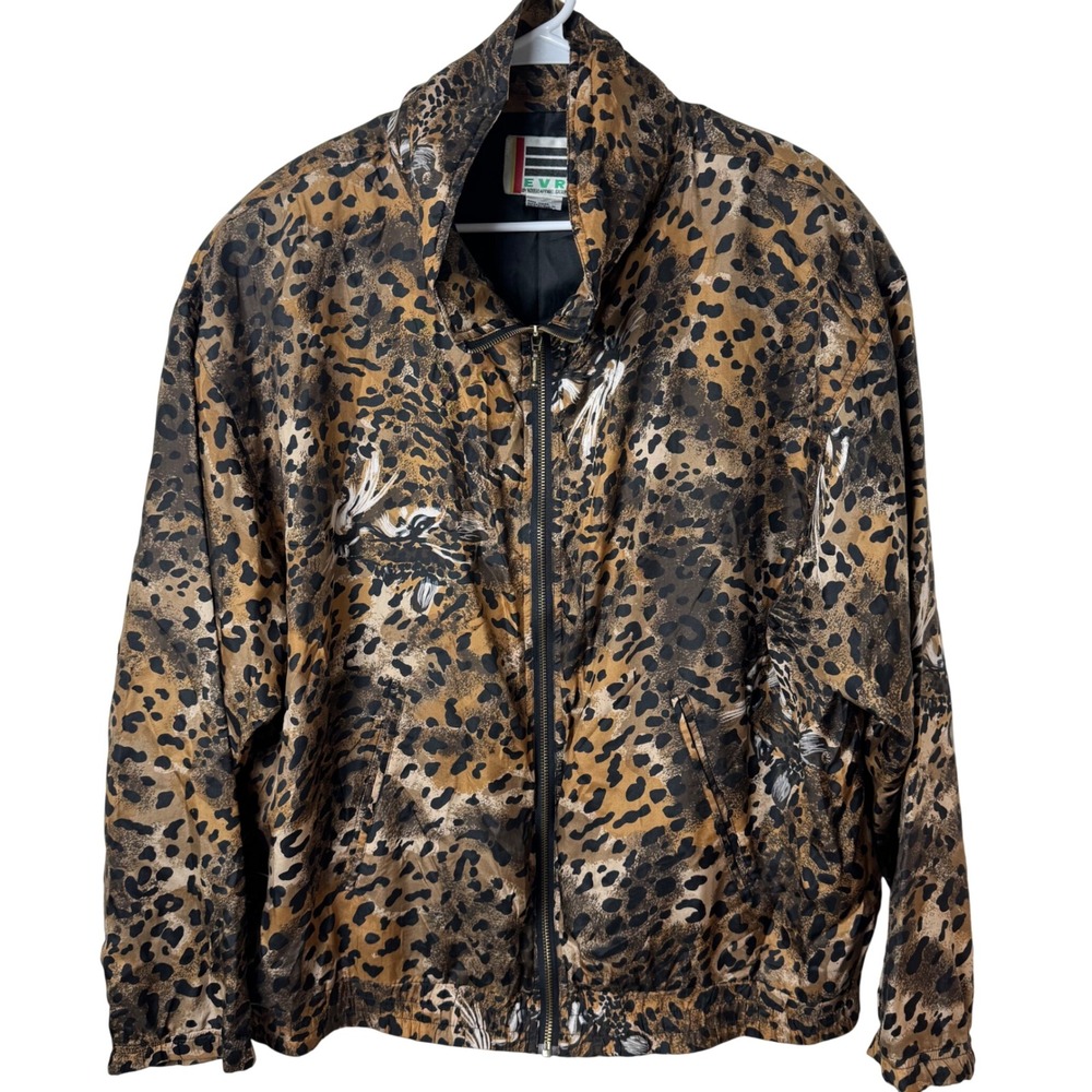 EVR Rousso Jacket Women XL Brown Leopard Animal Print 100% Silk Vintage Full Zip